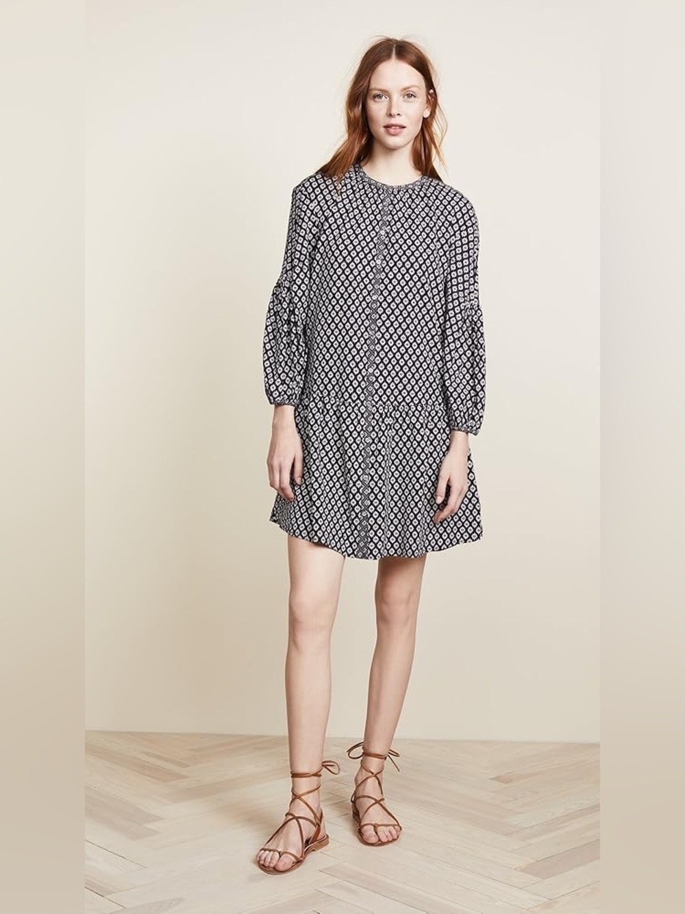 Joie Hagi Long Bishop Sleeve Ditzy Tile Print Black/White Drop BohoDress Size XS